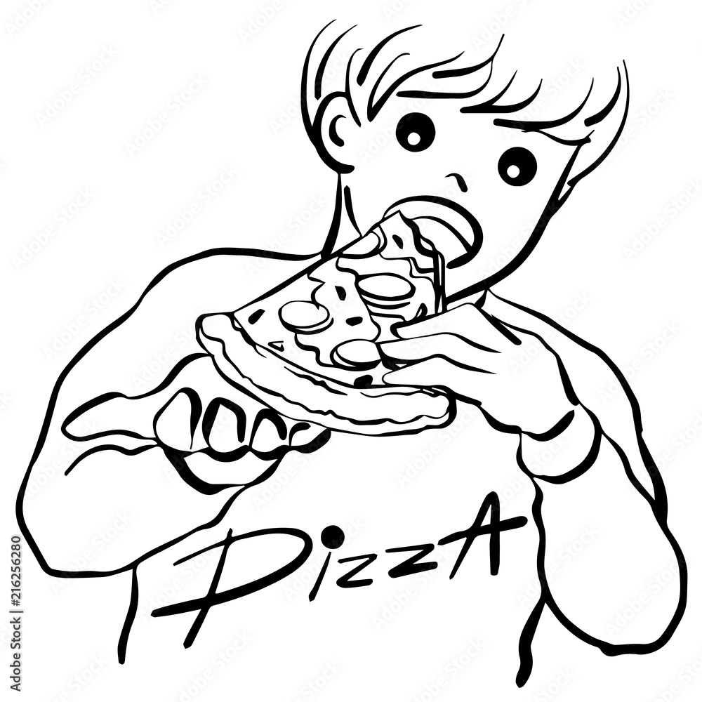 boy eating pizza vector illustration hand drawing design Stock Vector