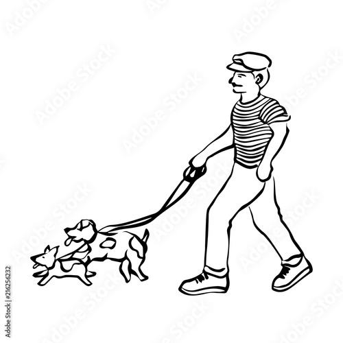 man walking with dogs leash vector illustration doodle sketch hand drawing design