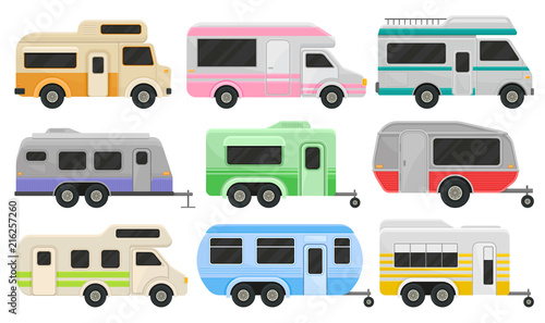 Flat vector set of classic camper vans and trailers. Recreational vehicles. Home of wheels. Comfort cars for family travel