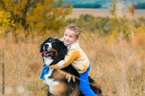 cute boy in yellow jacket hugging his dog on walk through autumn meadow Berner Sennenhund
