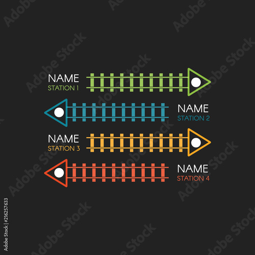 Railroad tracks, railway simple icon, rail track direction, train tracks colorful vector illustrations on black backgroud, colorful stairs, subway stations map top view, infographic elements.