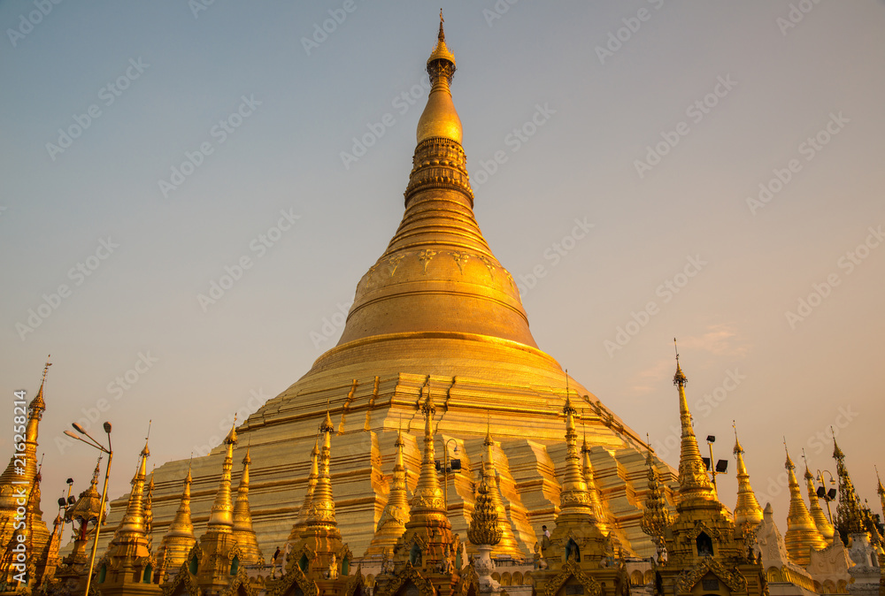 Shwedagon pagoda is Yangon's most famous landmark at sunset.
