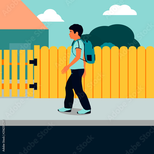 A boy with a backpack is walking along the street. The Boy in flat style, vector.