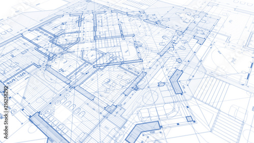 Architecture design: blueprint plan - illustration of a plan modern residential building / technology, industry, business concept illustration: real estate, building, construction, architecture