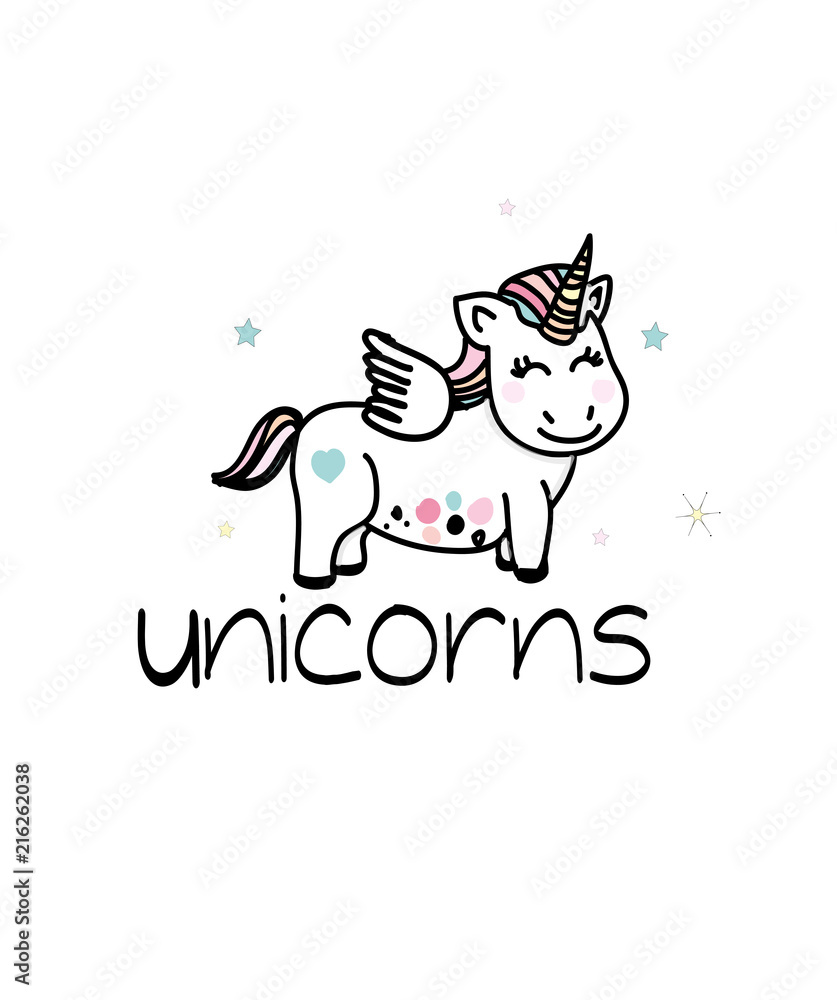 Beautiful background with a pattern unicorn with stars and inscription unicorn on white background