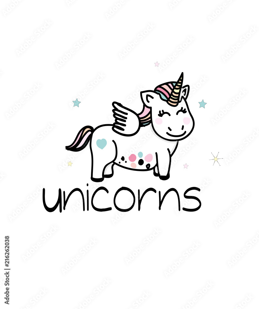 Beautiful background with a pattern unicorn with stars and inscription unicorn on white background Beautiful background with a pattern unicorn with stars and inscription unicorn on white background