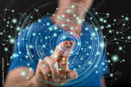 Man touching a virtual network