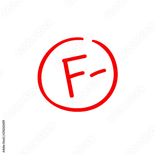 F minus examination result grade red latter mark.