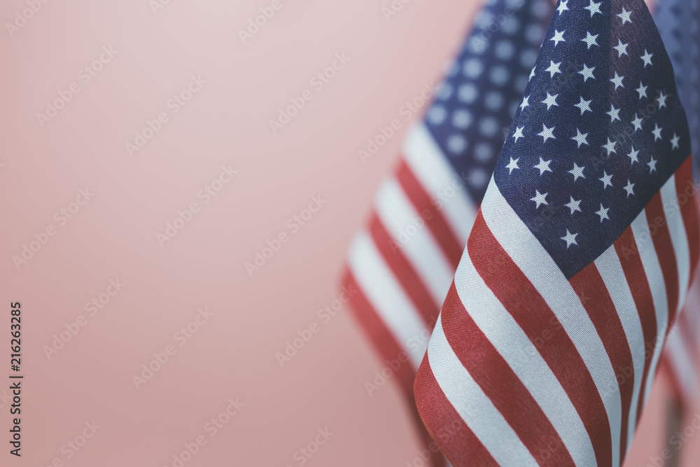 Flags United States of America with vintage pink background empty space for your text on left.