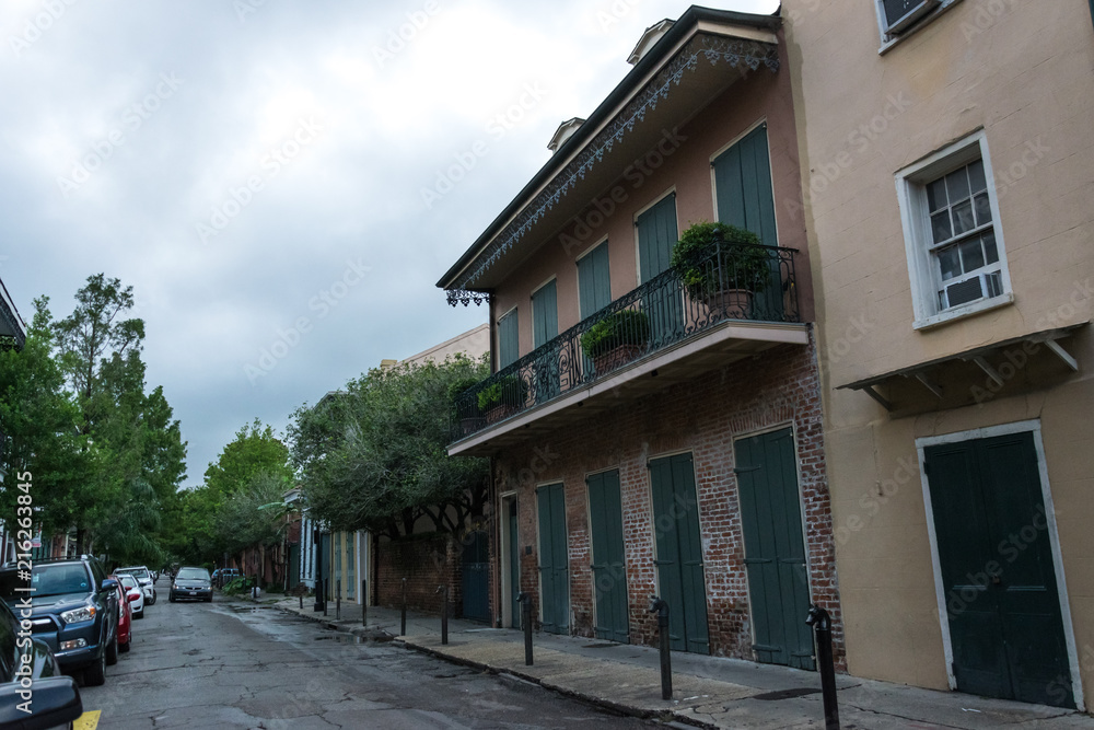 Colonial architecture of old houses and streets of the French Quarter of New Orleans