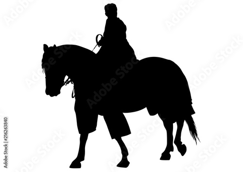 Horsewoman in an old suit on a horse on a white background