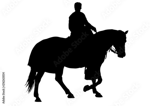 Horsewoman in an old suit on a horse on a white background