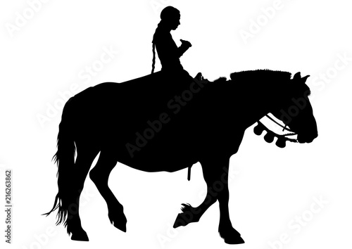 Horsewoman in an old suit on a horse on a white background