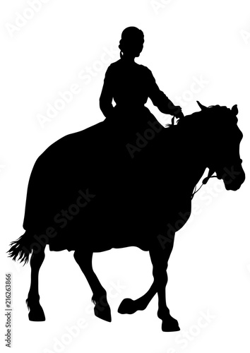 Horsewoman in an old suit on a horse on a white background
