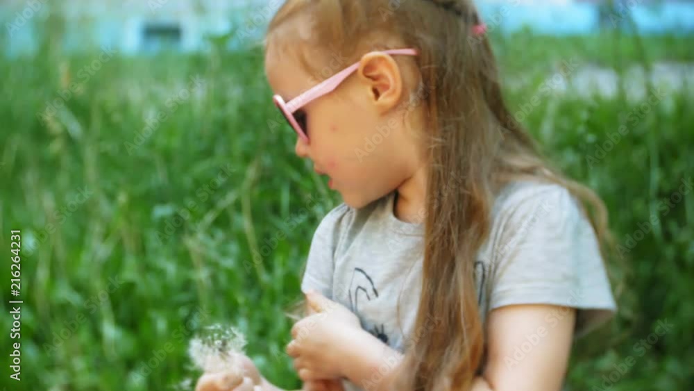 close-up of Happy little girl with dandelion in the Park close-up of Happy little girl with dandelion in the Park