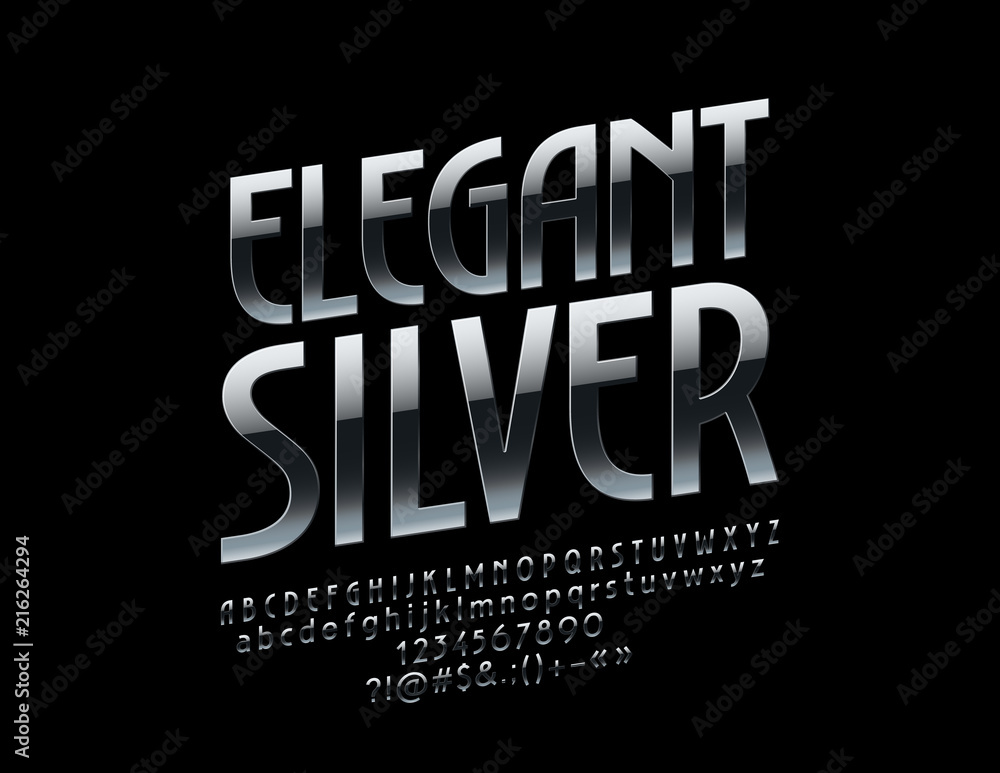 Vector Elegant Silver Font. Set of Chrome Alphabet Letters, Symbols and Numbers