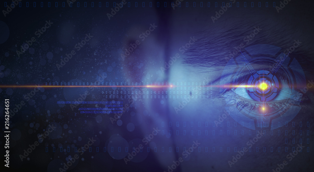 The eye of a man, an additional reality in the form of a holographic display, neon light, optical flores. Abstract dark background, bokeh.
