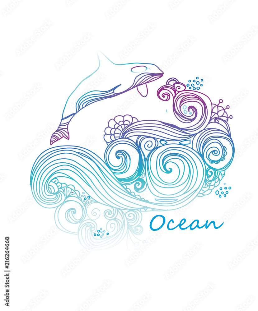 vector Beautiful background with a pattern of ocean waves swirling and a whale with an iridescent color on a white background vector Beautiful background with a pattern of ocean waves swirling and a whale with an iridescent color on a white background