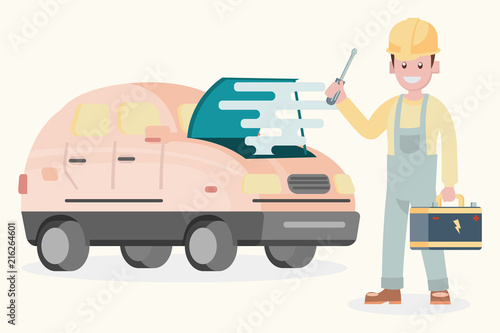 illustration flat design character , machanic with battery automobile service maintenance.