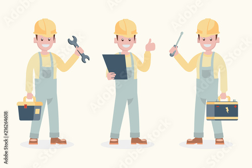 set of illustration character , smile mechanic repairman work