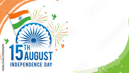 August 15th, Indian Independence Day Vector illustration. Fireworks, Indian flag and Ashoka chakra wheel with copy space.