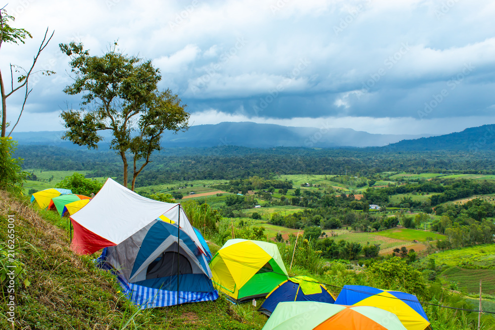 Field Tent of the tourists on the mountain at Khao Takhian Ngo , Phetchabun in Thailand.