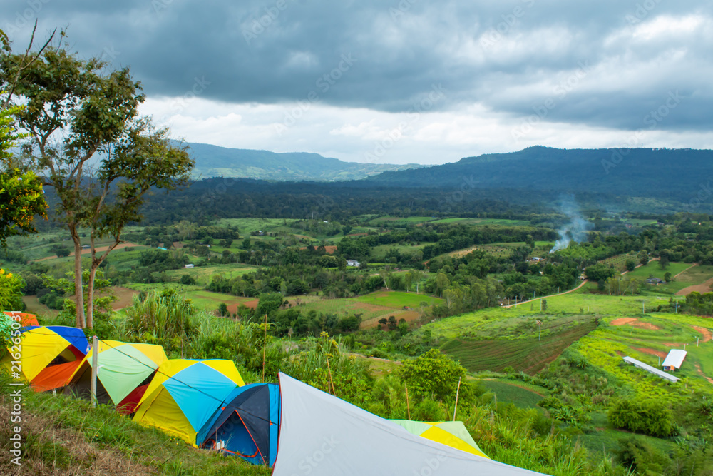 Field Tent of the tourists on the mountain at Khao Takhian Ngo , Phetchabun in Thailand.