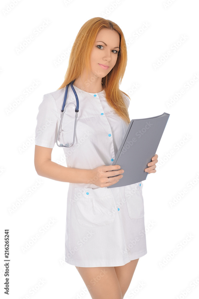 Female doctor in white medical clothes with stethoscope in hands Female doctor in white medical clothes with stethoscope in hands