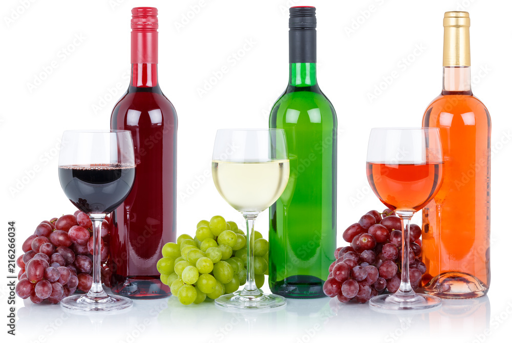 Fototapeta premium Wine wines collection bottle glass alcohol beverage grapes isolated on white