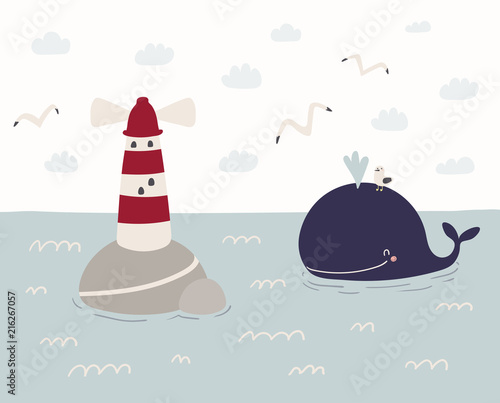 Hand drawn vector illustration of a cute funny whale swimming in the sea, lighthouse, seagulls, clouds. Scandinavian style flat design. Concept for kids, nursery print.
