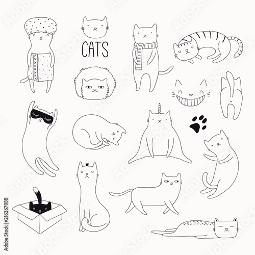 Set of cute funny black and white doodles of different cats. Isolated objects. Hand drawn vector illustration. Line drawing. Design concept for poster, t-shirt, fashion print.