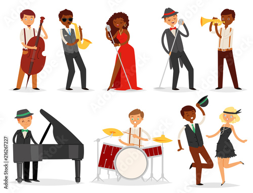 Jazz vector musician character playing on musical instruments saxophone drums and piano illustration music set of singer dancer saxophonist and drummer isolated on white background
