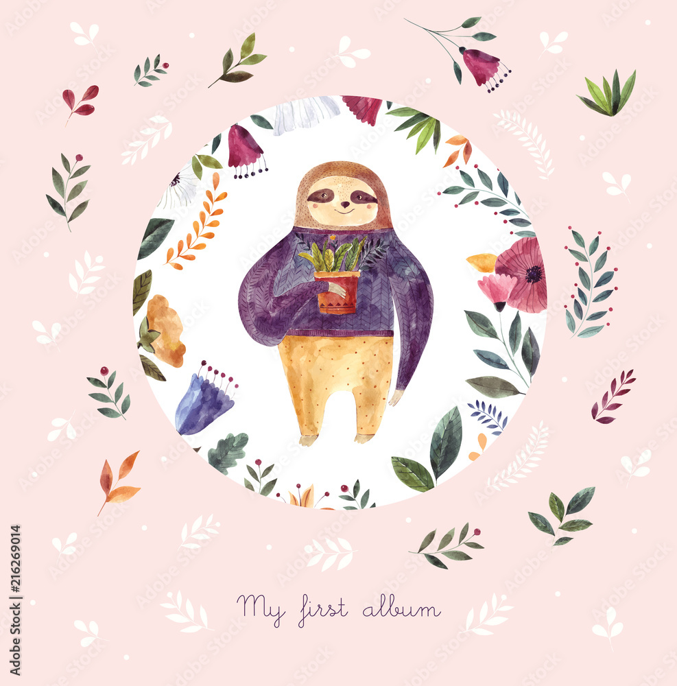 Watercolor illustration with cute sloth in floral circle and pink background