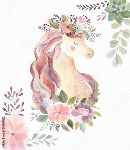 Vintage illustration with cute unicorn and flowers