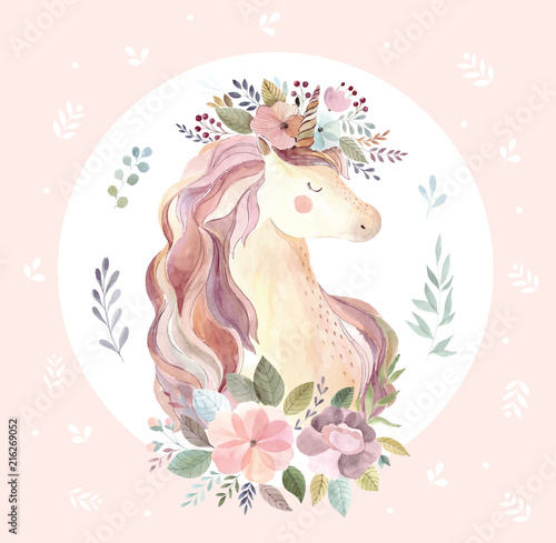 Canvas Print Vintage illustration with cute unicorn on pink background
