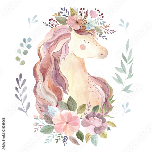 Canvastavla Vintage illustration with cute unicorn and floral wreath
