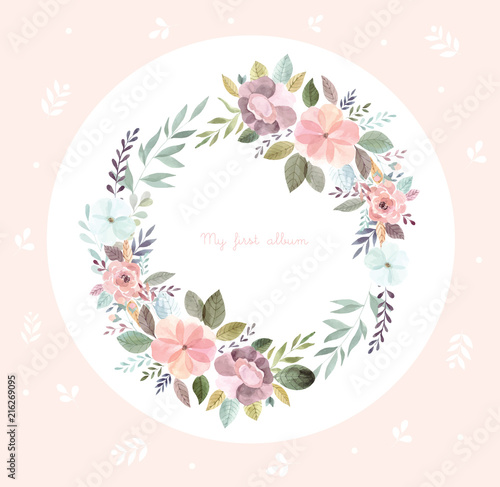 floral wreath in circle, on a pink background