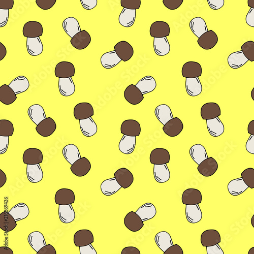 Vector seamless pattern of mushrooms. Bright cartoon illustration for greeting card design, fabric and wallpaper.