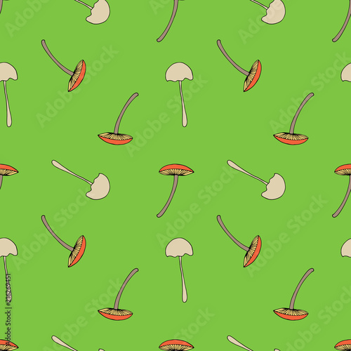 Vector seamless pattern of mushrooms. Bright cartoon illustration for greeting card design, fabric and wallpaper.