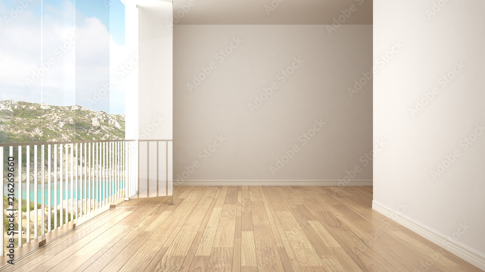 Empty interior with parquet floor and big panoramic window. Sea and granite rock panorama with blue sky in the background. Eco house interior design Empty interior with parquet floor and big panoramic window. Sea and granite rock panorama with blue sky in the background. Eco house interior design