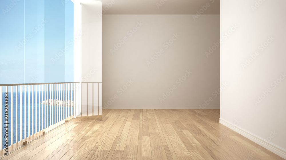 Fototapeta premium Empty interior with parquet floor and big panoramic window. Sea ocean panorama with blue sky in the background. Eco house interior design