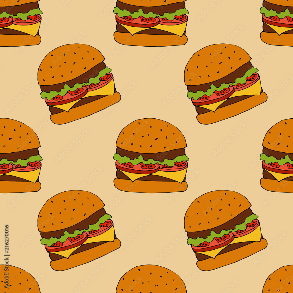 Burger seamless pattern. hand drawn illustration. Bright cartoon  illustration for menu design, fabric and wallpaper. Stock Vector | Adobe  Stock