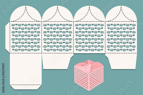 Box for gifts and greetings. Cutout pattern and view of the assembled box.