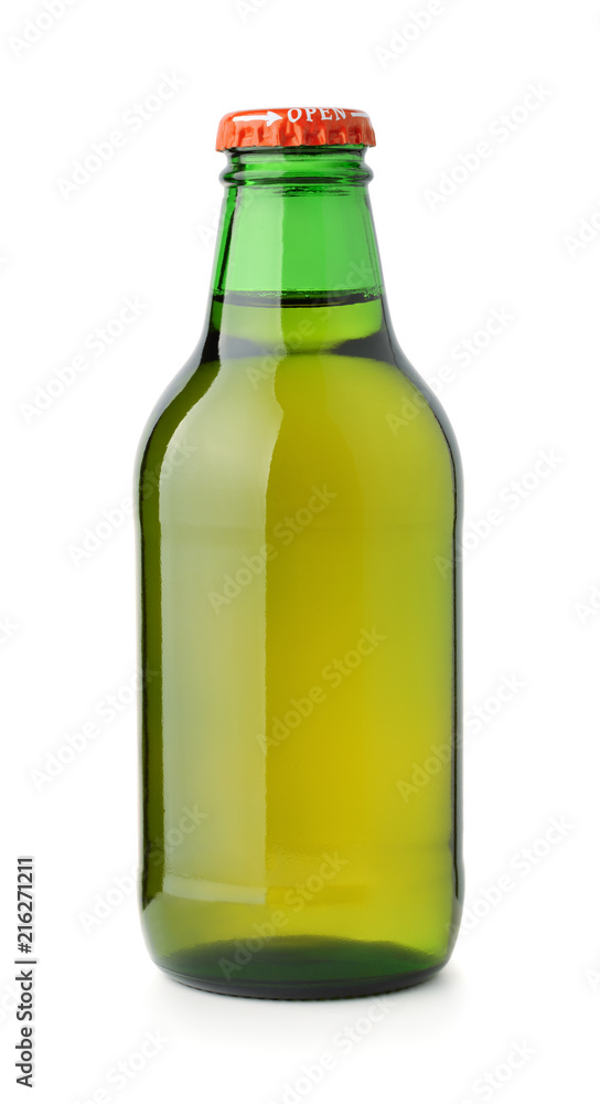 Front view of small glass beer bottle