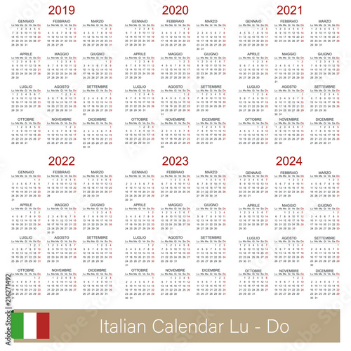 Italian calendar 2019 - 2024 / Italian calendar week starts on Monday, simple calendar template for 2019, 2020, 2021, 2022, 2023 and 2024, printable calendar templates, vector illustration