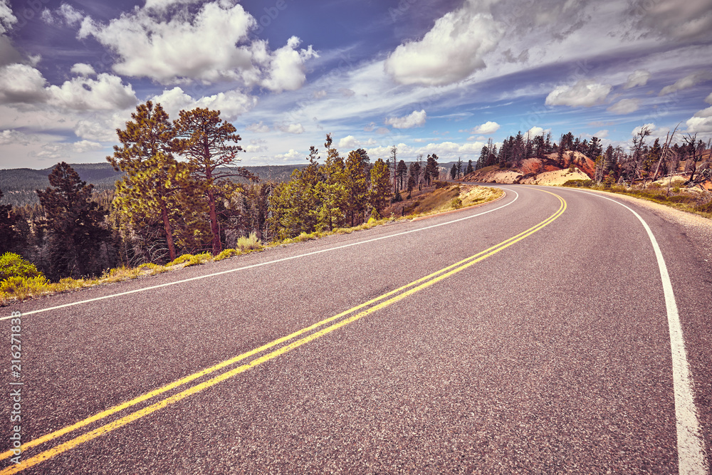 Fototapeta premium Vintage toned picture of a scenic road, travel concept.