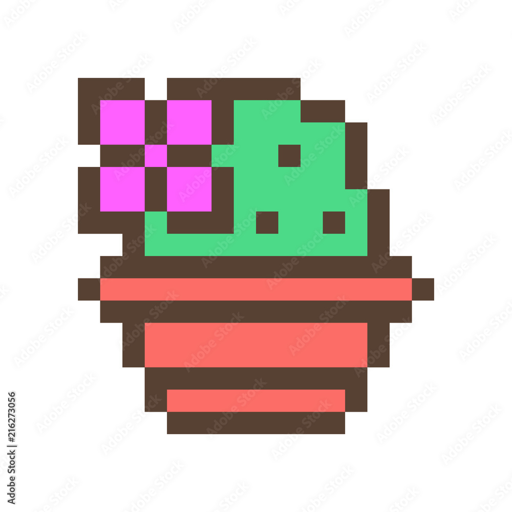 Green Cactus Succulent In Clay Flower Pot, 16x16 Pixel Art Icon 