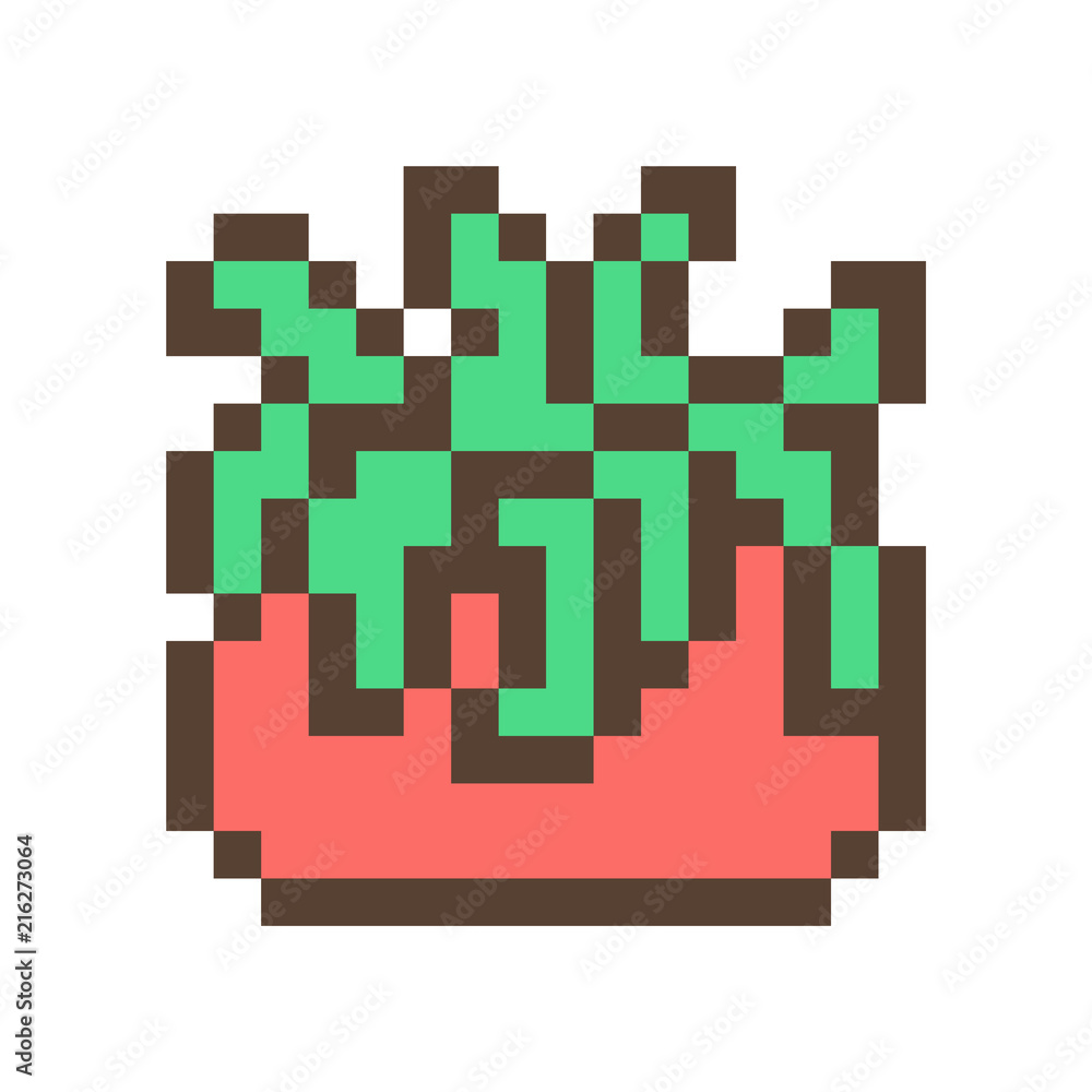 Green cactus/succulent in clay flower pot, 16x16 pixel art icon isolated on white background. Retro 80s-90s old school 8 bit slot machine/video game graphics. Houseplant logo. Office plant. Green cactus/succulent in clay flower pot, 16x16 pixel art icon isolated on white background. Retro 80s-90s old school 8 bit slot machine/video game graphics. Houseplant logo. Office plant.