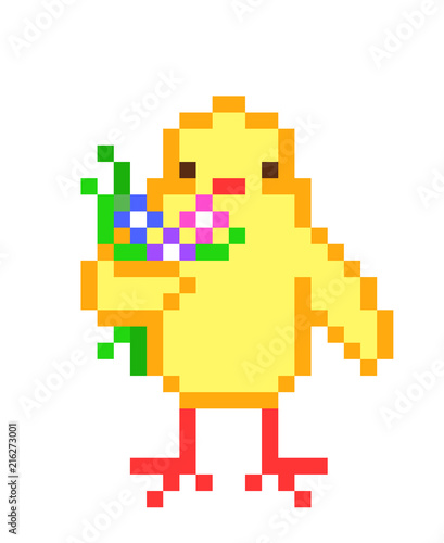 Cute little yellow chicken with a bouquet of flowers, pixel art character isolated on white background. Baby bird symbol. Farm animal. Easter card.Retro old school 8 bit 80s-90s video game graphics.