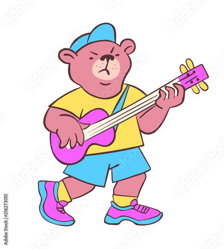 Funny cartoon character isolated on white background, tough bear playing bass guitar. Animal musician. Rock band member. Punk show. Alternative music gig. Cool t-shirt print. Comic style mascot/logo.